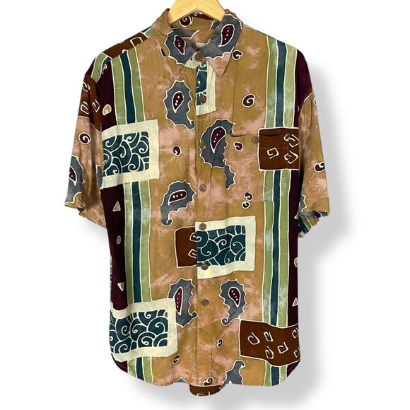 Vintage Batik Shirt Men Paisley Abstract Button-Up Rayon Short Sleeve Size Large - Picture 1 of 12